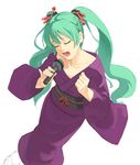  aqua_hair closed_eyes enka hands hatsune_miku japanese_clothes kimono kuroko_(piii) long_hair microphone open_mouth solo twintails vocaloid 