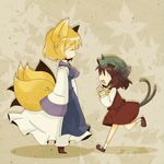  animal_ears blonde_hair brown_eyes brown_hair cat_ears cat_tail chen chibi closed_eyes earrings fang fox_ears fox_tail jewelry misaki_(1n1m) multiple_girls multiple_tails short_hair tail touhou yakumo_ran 