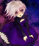  bad_id bad_pixiv_id darker_than_black dress lipgloss lips long_hair ponytail purple_eyes ribbon solo tears white_hair yin 