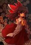  absurdres bad_id bad_pixiv_id black_hair brown_eyes colorized detached_sleeves floral_background hair_ribbon hakurei_reimu half_updo hands hands_clasped highres masaru.jp mitsuki_(goomoku) own_hands_together ribbon solo touhou 