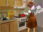  4chan artist_request cooking food hand_on_hip hat japanese_bird_cooking_spaghetti kitchen meme mystia_lorelei non-web_source parody pasta pot solo touhou wings 