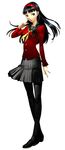  amagi_yukiko aran_sweater black_eyes black_hair cardigan hairband legs long_hair official_art pantyhose persona persona_4 school_uniform skirt soejima_shigenori solo sweater 