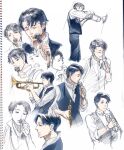  1boy ashibe black_hair black_vest bow bowtie cropped_legs cropped_torso holding holding_microphone instrument katsuragi_jun&#039;ichi male_focus microphone multiple_views music partially_colored playing_instrument sakamichi_no_apollon saxophone short_hair simple_background singing vest white_background 