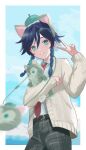  absurdres animal_ears belt black_hair blue_hair blush braid cat_ears fake_animal_ears genshin_impact gradient_hair grey_pants highres jacket long_sleeves male_focus multicolored_hair necktie pants red_necktie rrr_gns_(riuriu_1212) smile stuffed_animal stuffed_cat stuffed_toy sweater sweater_jacket twin_braids v venti_(genshin_impact) yellow_sweater 