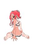  1girl agent_8_(splatoon) arm_support ass back black_bra black_eyeshadow black_panties bra butt_crack eyeshadow feet highres koharu2.5 lace-trimmed_bra lace-trimmed_panties lace_trim looking_at_viewer looking_back makeup median_furrow octoling octoling_girl panties pink_hair simple_background sitting soles solo splatoon_(series) splatoon_2 splatoon_2:_octo_expansion suction_cups tan tanlines tentacle_hair toes underwear underwear_only wariza 