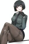  1girl allmind_(armored_core_6) armored_core armored_core_6 black_hair black_necktie black_skirt bob_cut breast_pocket breasts business_card collared_shirt crossed_legs dutch_angle earrings gloves green_eyes green_shirt highres jewelry large_breasts las91214 long_sleeves looking_at_viewer military military_uniform miniskirt necktie open_mouth pantyhose pencil_skirt pocket shirt short_hair simple_background sitting skirt smile solo thighband_pantyhose thighs uniform white_background 