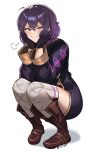  &gt;:) 1girl black_gloves boots brown_footwear coat fire_emblem fire_emblem_awakening full_body gloves head_on_hand highres looking_at_viewer morgan_(female)_(fire_emblem) morgan_(fire_emblem) puff_of_air purple_coat purple_eyes purple_hair short_hair smile solo squatting thighhighs thighs v-shaped_eyebrows white_background zet_(twt_zet) 