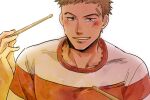  1boy artist_request bad_id bad_pixiv_id bandaid bandaid_on_face bandaid_on_forehead blonde_hair blush cross_scar drumsticks holding holding_drumsticks kawabuchi_sentarou looking_at_viewer male_focus rosary sakamichi_no_apollon scar scar_on_cheek scar_on_face shirt short_hair simple_background smile solo striped striped_shirt upper_body white_background 