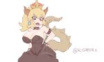 absurd_res animal_humanoid animal_tail big_breasts black_clothing black_dress blonde_hair blue_eyes blush bowser bowsette_meme bracelet breasts brown_horn cleavage clothed clothing collar crossgender crown dress ear_piercing female hair hand_on_hip headgear hi_res horn horned_humanoid huge_breasts humanoid humanoid_pointy_ears jewelry kisomuro lizard_humanoid looking_at_viewer mario_bros meme navel_outline nintendo open_mouth piercing reptile reptile_humanoid scalie scalie_humanoid sharp_teeth simple_background solo spiked_bracelet spiked_collar spiked_tail spikes spikes_(anatomy) super_crown tail tan_body tan_skin teeth tongue tongue_out white_background