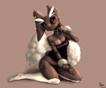 anthro arm_tattoo band-aid band-aid_on_face bandage big_breasts big_ears black_sclera breasts brown_background brown_body brown_fur cheek_tuft cleavage clothed clothing collar cotton_tail ear_piercing ear_ring eyelashes eyeshadow facial_tuft female floppy_ears fur generation_4_pokemon goth hand_tuft hi_res kisomuro kneeling leg_tattoo looking_at_viewer lop_ears lopunny makeup neck_tattoo nintendo panties piercing pokemon pokemon_(species) purple_clothing purple_eyeshadow purple_panties purple_topwear purple_underwear red_eyes ring_piercing simple_background solo spiked_collar spikes tattoo thick_thighs tongue tongue_piercing topwear tuft underwear white_body white_fur wide_hips