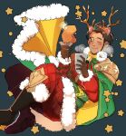  1boy aged_up antlers armor artist_name beard_stubble blush chicken_leg claude_von_riegan claude_von_riegan_(yuletide_schemer) closed_eyes commentary_request cup eating fake_antlers fire_emblem fire_emblem:_three_houses fire_emblem_heroes food hair_ornament holding holding_cup holding_food holly_hair_ornament ice_ice_mint male_focus pauldrons reindeer_antlers santa_costume shoulder_armor single_pauldron star_(symbol) 
