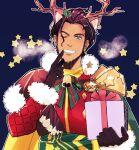  1boy aged_up antlers armor artist_name beard_stubble blue_background claude_von_riegan claude_von_riegan_(yuletide_schemer) commentary_request earrings fake_antlers finger_to_mouth fire_emblem fire_emblem:_three_houses fire_emblem_heroes gift hair_ornament holding holding_gift holly_hair_ornament ice_ice_mint jewelry looking_at_viewer male_focus one_eye_closed pauldrons reindeer_antlers santa_costume shoulder_armor single_pauldron smile star_(symbol) 