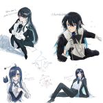  1girl ado_(utaite) adochansukisuki ahoge ai_ai_gasa black_bow black_bowtie black_coat black_flower black_hair black_pants black_rose blue_eyes blue_flower blue_hair blue_rose blue_vest blush bow bowtie chando_(ado) closed_mouth cloud_nine_inc coat collaboration collared_shirt colored_inner_hair commentary_request cropped_torso dress_shirt flower flower_brooch gloves hair_between_eyes hair_over_one_eye hand_on_own_chest heart highres inu_draw koruko_(kaoruko67000) long_hair looking_at_viewer merry_(readymade) multicolored_hair multiple_views open_clothes open_coat pants readymade rose shirt sidelocks simple_background sitting spica_(spica5f9ea0) twitter_username two-tone_hair upper_body utaite vest white_background white_gloves white_shirt 