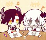  1boy 1girl black_hair black_ribbon chibi child colored_skin commission crayon crystal_hair_ornament demon_horns drawing etihw_(haiiro_teien) funamusea funamusea_(artist) grey_eyes horns ivlis_(haiiro_teien) licorice_(funamusea) long_hair musical_note official_art paper pointy_ears ribbon short_hair silhouette_(funamusea) skeb_commission table white_hair white_skin yellow_background yellow_eyes 