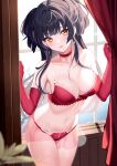  1girl :o black_hair blurry blurry_foreground blush bra breasts choker cleavage collarbone commentary_request curtains depth_of_field elbow_gloves gloves highres idolmaster idolmaster_shiny_colors indoors lace-trimmed_bra lace_trim lingerie looking_at_viewer mayuzumi_fuyuko medium_breasts navel panties red_bra red_choker red_gloves red_panties solo stomach sutoroa two_side_up underwear 
