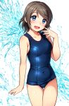  1girl blue_eyes blue_one-piece_swimsuit breasts covered_navel cowboy_shot grey_hair highres love_live! love_live!_sunshine!! medium_breasts neopure old_school_swimsuit one-piece_swimsuit school_swimsuit school_uniform short_hair smile solo standing swimsuit thigh_gap watanabe_you 