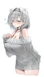  1girl animal_ears arknights aurora_(arknights) bare_shoulders bear_ears bear_girl black_hairband blue_eyes blush breasts cleavage collarbone commentary_request grey_hair grey_sweater hair_ornament hair_over_one_eye hairband hairclip highres horn/wood large_breasts long_sleeves looking_at_viewer medium_hair off-shoulder_sweater off_shoulder parted_bangs simple_background sleeves_past_wrists smile solo sweater thighs white_background 