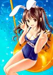  animal_ears braid breasts brown_eyes brown_hair bunny_ears cleavage double_v highres idolmaster idolmaster_cinderella_girls long_hair medium_breasts one-piece_swimsuit one_side_up open_mouth ponnetsu school_swimsuit shimamura_uzuki single_braid smile solo swimsuit v 