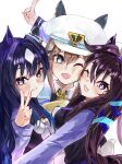  3girls :3 absurdres animal_ears ascot black_hair blue_eyes blush brown_hair cheval_grand_(umamusume) commentary_request ear_covers ears_through_headwear grin hair_between_eyes hat highres horse_ears horse_girl jacket long_sleeves multicolored_hair multiple_girls one_eye_closed peaked_cap purple_shirt school_uniform shirt simple_background single_ear_cover smile streaked_hair tracen_school_uniform umamusume upper_body v verxina_(umamusume) vivlos_(umamusume) white_background white_hair white_headwear white_jacket winter_uniform x_1031_xter yellow_ascot 