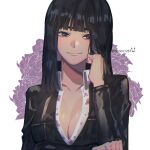  1girl artist_name bbzico1267 black_hair blue_eyes blunt_bangs blush closed_mouth commentary_request long_hair looking_at_viewer nico_robin one_piece signature smile solo 