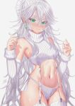  1girl blush breasts elf fantasy green_eyes highres kein_hasegawa lace lace_panties long_hair looking_at_viewer navel original panties pointy_ears small_breasts smile solo underwear very_long_hair white_hair 