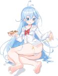  1girl ass barefoot blue_eyes blue_hair bow bowtie button_gap cheese_trail collared_shirt denpa_onna_to_seishun_otoko eason870408 food full_body highres holding holding_food long_hair long_sleeves looking_down lying off_shoulder on_side open_mouth panties pizza pizza_slice shirt solo touwa_erio underwear undone_bowtie very_long_hair 