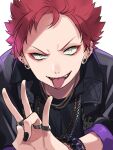  1boy bead_bracelet beads bracelet chain_necklace constricted_pupils ear_piercing earrings harai_kuko highres hypnosis_mic jacket jewelry kishinaito looking_at_viewer male_focus multiple_necklaces multiple_piercings multiple_rings nail_polish necklace open_mouth piercing red_hair ring short_hair smile solo tongue tongue_out upper_body v-shaped_eyebrows w yellow_eyes 