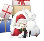  1boy acorn bell boots capelet chibi christmas_present closed_eyes fate/grand_order fate_(series) fur-trimmed_capelet fur_trim gift hat neck_bell ninjin_(ne_f_g_o) oberon_(fate) open_mouth red_capelet red_headwear sack santa_capelet santa_hat simple_background sitting sleeping tassel white_background white_footwear white_hair 