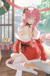  1girl :d absurdres bare_shoulders bell belt black_belt black_bow black_choker blue_eyes blush bow box breasts choker cleavage cleavage_cutout clothing_cutout comet_(user_fjsa4577) commentary_request dress elysia_(honkai_impact) foot_out_of_frame gift gift_box hair_bell hair_ornament heart_cutout highres honkai_(series) honkai_impact_3rd jingle_bell long_hair long_sleeves looking_at_viewer neck_bell no_shoes off-shoulder_dress off_shoulder open_mouth pink_hair pointy_ears red_dress sitting smile solo thighhighs very_long_hair white_thighhighs 