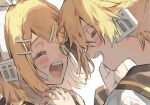  1boy 1girl :d black_sailor_collar blonde_hair blush bow brother_and_sister close-up closed_eyes commentary detached_sleeves face-to-face hair_bow hair_ornament hairclip happy headphones headset interlocked_fingers kagamine_len kagamine_rin memeppo open_mouth sailor_collar shirt short_hair siblings signature smile spiked_hair swept_bangs twins vocaloid white_bow white_shirt yellow_nails 