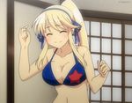  1girl animated animated_gif bikini blonde_hair breasts female hair_ribbon katsuragi_(senran_kagura) large_breasts ponytail ribbon screencap senran_kagura smile solo swimsuit 