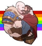  2boys abs absurdres armor bald bara beard beard_stubble braum_(league_of_legends) cheschirebacon closed_eyes couple cropped_legs facial_hair flag_background from_side full_beard graves_(league_of_legends) highres kiss large_pectorals league_of_legends male_focus mature_male multiple_boys muscular muscular_male nipples pauldrons pectorals profile rainbow_background rainbow_flag short_hair shoulder_armor single_pauldron thick_beard thick_eyebrows thick_mustache yaoi 