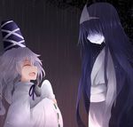  ^_^ arano_oki bangs black_hair clenched_teeth closed_eyes ghost hair_over_eyes hat japanese_clothes kariginu kimono long_hair long_sleeves mononobe_no_futo multiple_girls okiku_(banchou_sarayashiki) open_mouth pale_skin plate ponytail rain shiroshouzoku silver_hair smile tate_eboshi teeth touhou triangular_headpiece 