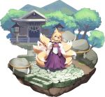  1girl alternate_eye_color animal_ear_fluff animal_ears aqua_eyes artist_request bad_source bare_shoulders blonde_hair blush boulder chest_tattoo dirt faux_figurine folding_fan fox_ears fox_girl fox_tail full_body hair_between_eyes hair_ribbon hakama hakama_skirt hand_fan hand_on_own_hip holding holding_fan japanese_clothes kimono kitsune kyuubi lantern large_tail leaf lolibaba long_hair long_sleeves looking_at_viewer mon-musu_quest! monster_girl monster_musume_td mountain multiple_tails official_art paper_lantern print_folding_fan purple_skirt red_ribbon ribbon rope sandals sesshouseki shimenawa skirt slit_pupils smile socks solo stairs standing stone_floor tabi tail tamamo_(mon-musu_quest!) tattoo temple third-party_source transparent_background tree white_kimono white_socks wide_sleeves 