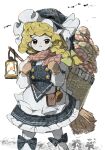  ankle_bow apron backpack_basket blonde_hair bow braid broom brown_mittens buttons dress frilled_dress frilled_skirt frills hat hat_bow highres kirisame_marisa lantern mini-hakkero mittens neruzou plaid plaid_scarf scarf side_braid single_braid skirt touhou waist_apron witch_hat 