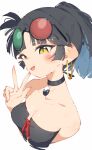  1girl an-an_lee bare_shoulders black_hair blue_hair blush breasts choker cleavage cropped_torso earrings eyewear_on_head fang highres hoop_earrings jewelry looking_at_viewer medium_breasts multicolored_hair open_mouth ponytail rasusurasu reverse:1999 simple_background skin_fang solo strapless sunglasses upper_body v white_background yellow_eyes yin_yang 