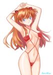  1girl absurdres alternate_costume arms_up artist_name bacillus blue_eyes breasts closed_mouth commentary_request hair_ornament highres interface_headset long_hair looking_at_viewer medium_breasts navel neon_genesis_evangelion o-ring o-ring_swimsuit orange_hair pout shiny_skin simple_background solo souryuu_asuka_langley swimsuit underboob variant_set white_background 
