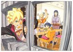  2boys 2girls ahoge angry apron blonde_hair child egg family food hime_cut hyuuga_hinata kishimoto_masashi mouth_hold multiple_boys multiple_girls naruto naruto_gaiden official_art purple_hair spiked_hair table toast uzumaki_boruto uzumaki_himawari uzumaki_naruto whiskers window 