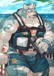 1boy absurdres against_railing animal_ears bara beach blue_shorts claws commentary dog_boy dog_ears fangs flask furry furry_male highres holding holding_flask life_vest looking_at_viewer male_focus muscular muscular_male navel ocean oguchi_magami open_mouth pectoral_cleavage pectorals railing shorts smile swimsuit symbol-only_commentary tokyo_afterschool_summoners water yed_(yedsilent) 