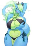 anthro big_breasts bikini bovid_horn breasts campfire_(buttocher) caprine_horn clothed clothing digital_media_(artwork) dragon female green_eyes green_hair hair hi_res horn licking licking_lips long_hair looking_at_viewer multicolored_hair navel non-mammal_breasts reptile scalie self_grope side-tie_bikini side-tie_swimwear smile solo string_bikini swimwear thick_thighs tongue tongue_out under_boob wingless_dragon yamame513