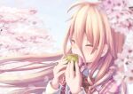  1girl blonde_hair blurry blurry_foreground blush bow bowtie braid cherry_blossoms closed_eyes collared_shirt eating food food_on_face haiyuki_yuki holding holding_food ia_(vocaloid) jewelry long_hair long_sleeves ring sakura_mochi shirt solo striped striped_bow striped_bowtie twin_braids upper_body very_long_hair vocaloid wagashi wind 