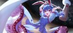  1girl :o animal_ears blue_dress blue_hair blurry blurry_background dress floating_hair food hair_between_eyes holding kine long_hair looking_ahead mallet mochi moon non-web_source official_art open_mouth rabbit_ears rabbit_girl red_eyes second-party_source seiran_(touhou) shirt short_sleeves sky sleeveless sleeveless_dress socks solo space star_(sky) starry_sky sweatdrop touhou touhou_gensou_eclipse u_u_zan upper_body white_shirt white_socks 