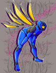 1_eye absurd_res ambiguous_gender anthro bluddly blue_body hi_res humanoid leaning leaning_forward machine not_furry robot robot_humanoid solo v1_(ultrakill) wings yellow_eyes