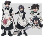  absurdres ahoge ahoge_wag alternate_costume apron black_dress black_hair blue_eyes braid brown_eyes coin_purse command_spell dress enmaided expressive_hair fate/samurai_remnant fate_(series) grey_background hair_over_one_eye highres maid maid_apron maid_headdress miyamoto_iori_(fate) mop saber_(fate/samurai_remnant) uotsu_(sabakou) 