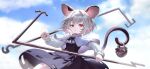  1girl :&lt; animal_ears basket black_dress capelet closed_mouth cloud dowsing_rod dress fingernails grey_capelet grey_hair holding holding_with_tail jewelry long_sleeves looking_at_viewer mouse mouse_ears mouse_girl mouse_tail nazrin non-web_source official_art pendant prehensile_tail red_eyes second-party_source shirt short_hair sky sleeve_cuffs solo tail touhou touhou_gensou_eclipse u_u_zan white_shirt 
