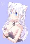  1girl @_@ alternate_costume animal_ears bare_shoulders black_leotard black_wrist_cuffs blue_eyes blush breasts cat_ears cleavage commentary embarrassed frown hair_between_eyes hair_ornament hairclip highres kemonomimi_mode leotard long_hair looking_afar medium_breasts naruse_shiroha nontraditional_playboy_bunny open_mouth purple_background signature simple_background solo strapless strapless_leotard summer_pockets sweatdrop upper_body utuigawa v-shaped_eyebrows white_hair wrist_cuffs 
