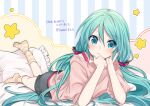  :t bed_sheet black_shorts blue_background cheek_rest frilled_pillow frills hair_between_eyes hair_half_undone hand_on_own_cheek hand_on_own_chin hand_on_own_face hatsune_miku head_rest light_blush long_hair looking_at_viewer low_twintails lying on_bed on_stomach pillow pink_shirt pink_socks shirt shorts socks star_(symbol) striped striped_background striped_socks sudachi_(calendar) twintails twitter_username two-tone_legwear very_long_hair vocaloid yellow_socks 