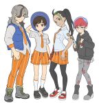  2boys 2girls ahoge arven_(pokemon) black_hair black_pantyhose blue_hair blue_headwear boots breast_pocket brown_eyes brown_hair closed_mouth collared_shirt eyelashes florian_(pokemon) freckles glasses green_hair grin hand_up hat highres holding holding_phone hood hood_down hoodie long_hair long_sleeves multicolored_hair multiple_boys multiple_girls necktie nemona_(pokemon) open_clothes open_vest orange_necktie orange_pants orange_shorts pants pantyhose penny_(pokemon) phone pocket poke_ball_print pokemon pokemon_sv ponytail red_hair round_eyewear school_uniform see-through see-through_skirt shirt shoes short_hair shorts shorts_under_skirt sjw_kazuya skirt smile socks standing teeth two-tone_hair vest 