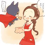  1girl amano_yukiko_(youkai_watch) braid brown_hair cape cat chiyoko_(oman1229) closed_eyes commentary_request cookie food fuyunyan long_hair open_mouth red_cape scar speech_bubble translation_request twin_braids youkai youkai_watch youkai_watch_2 