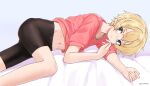  1girl bike_shorts blonde_hair blue_eyes bra bra_peek grey_bra highres iris_(ryou@ryou) looking_at_viewer lying navel on_bed on_side original parted_lips pink_shirt ryou@ryou shirt short_hair solo sports_bra stomach toned underwear 